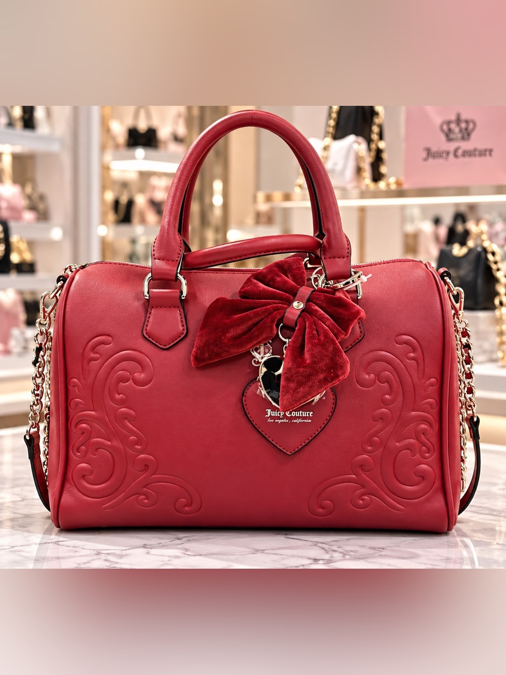 Juicy Couture Cherry Red Embossed Satchel with Velvet Bow